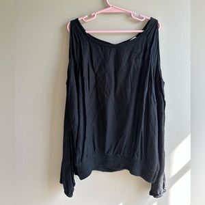 H&M dressy black blouse with cut outs in shoulders and back, stretchy waist band